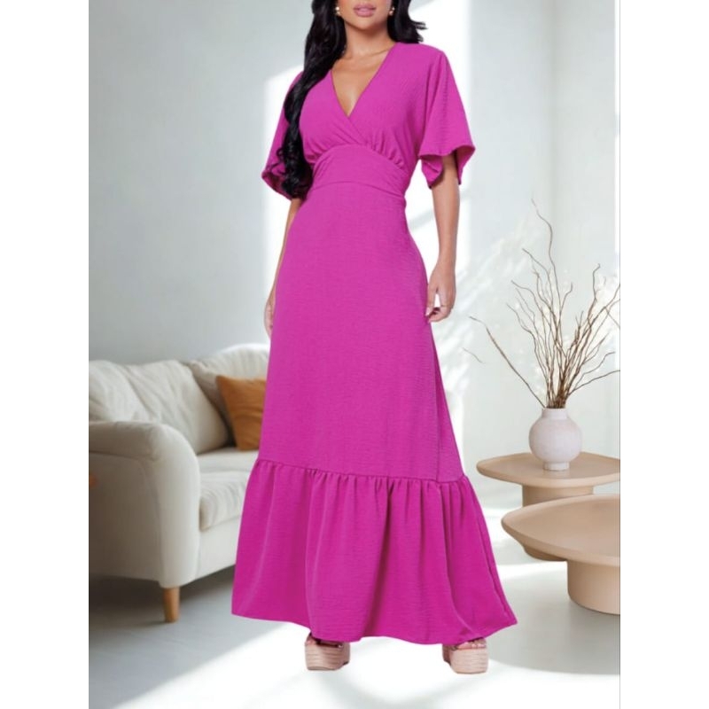 Vestido longo Fucsia, Vestido Rosa, Moda Elegante Feminina, Vestido Social Feminino