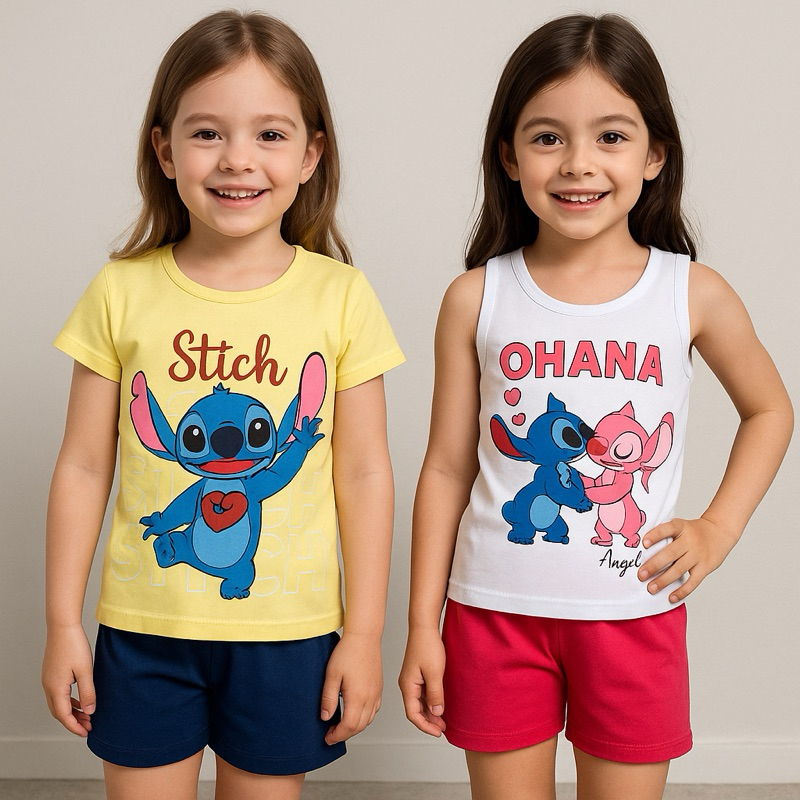 Kit Roupas Infantis Femininas 6 Peças - Conjunto Personagens Menina Verão Blusa Shorts Roupa Infantil Promoção
