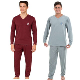 Kit 2 Pijama masculino adulto malha atacado pijama frio manga longa pijama longo de inverno revenda