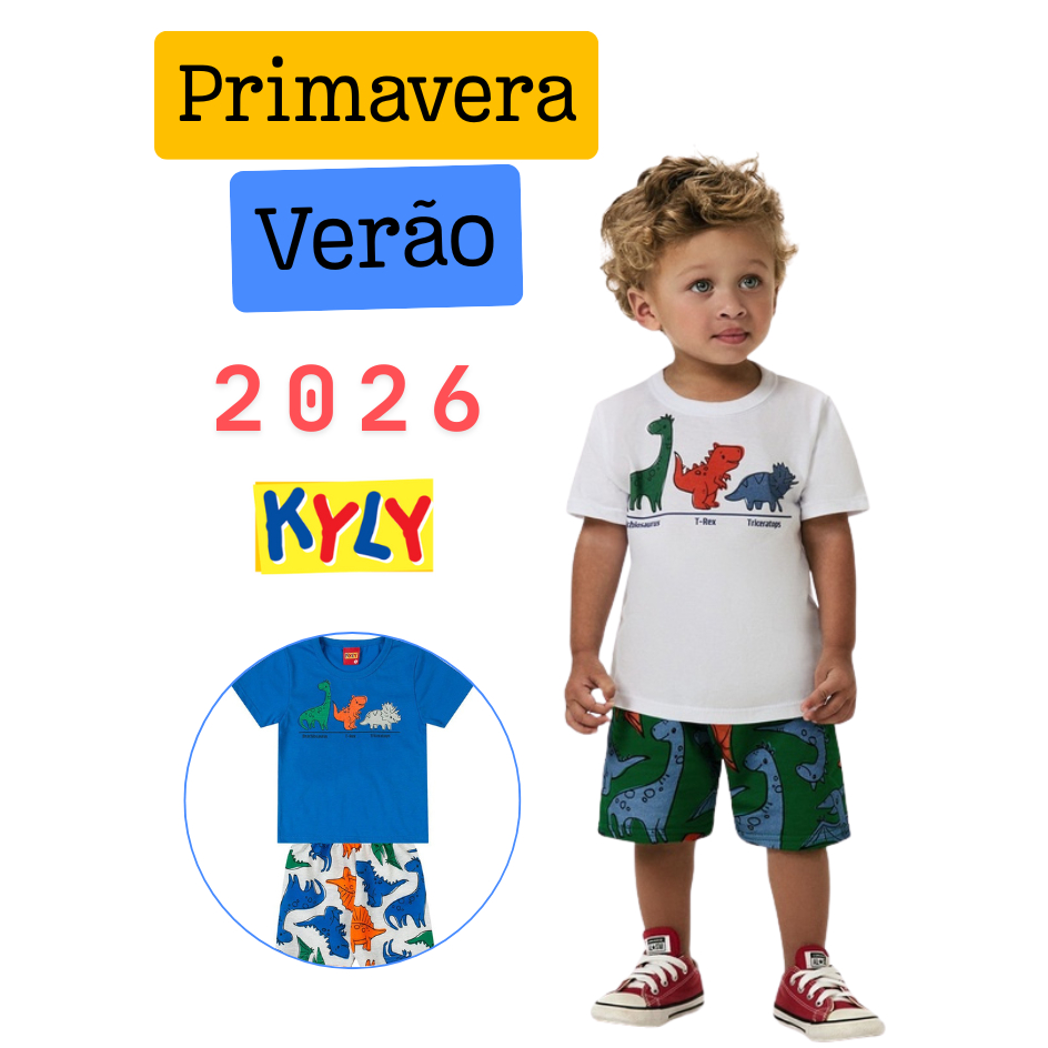 Conjunto infantil menino Kyly Camiseta algodão estampa dinossauro bermuda moletinho primavera verão