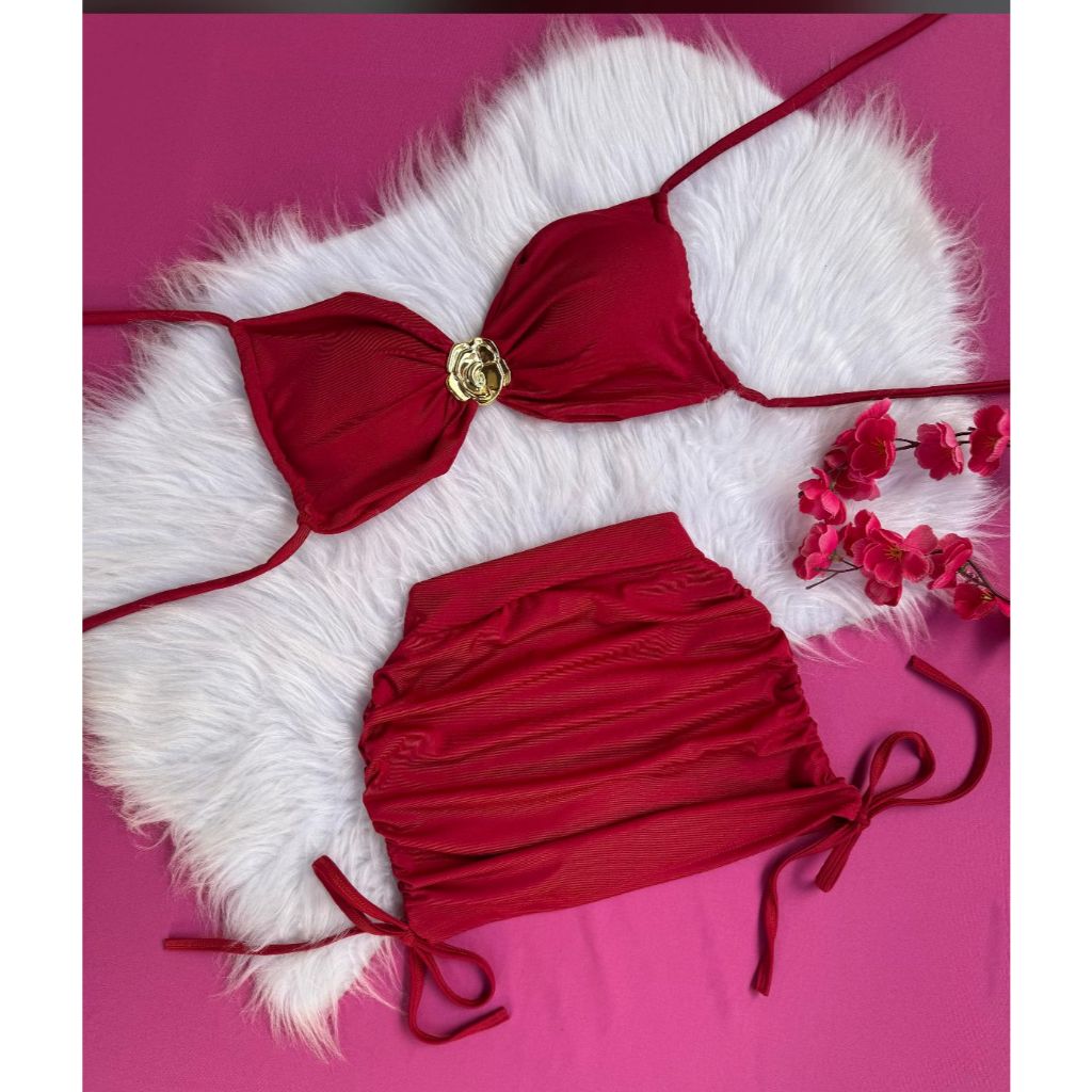 Conjunto feminino natal e ano novo saia drapeada e cropped com amarração com metal e bojo moda feminina gringa