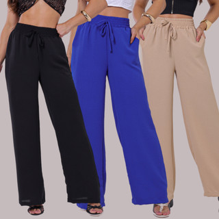 Kit Calça Duna Pantalona Reta Com Bolso Cintura Alta Calça Feminina Tendencia