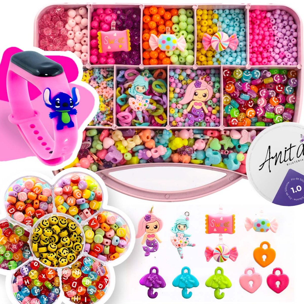 Maleta de Miçangas Infantil 3500 Pçs P/ Montar Pulseiras Bolinhas Completo