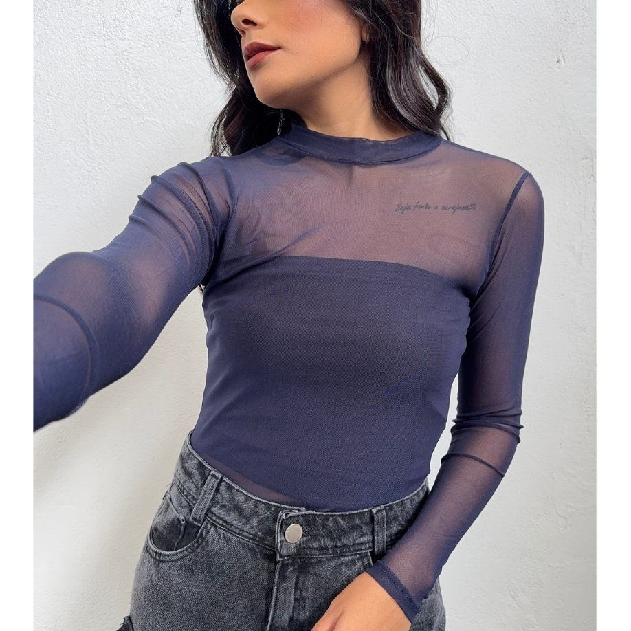 Body Tule Feminino Transparente Manga Langa