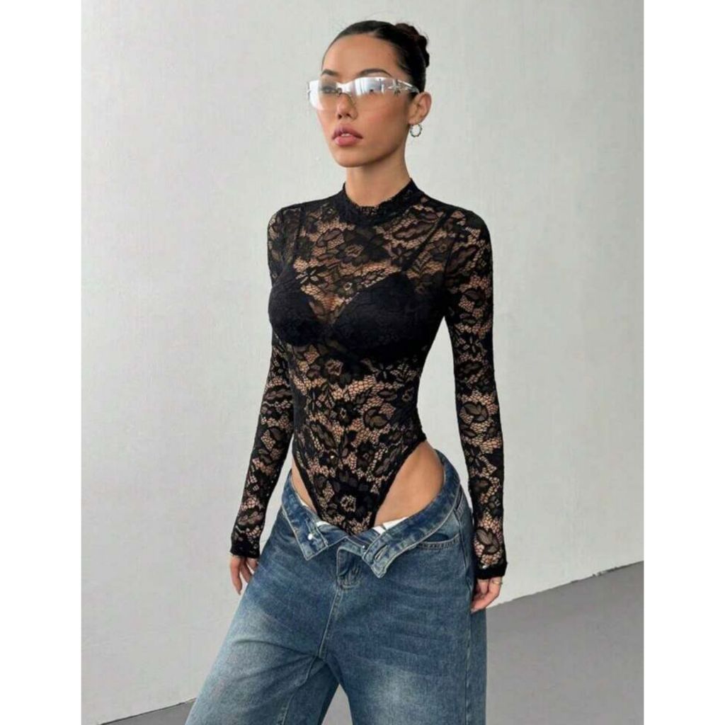 Body de Renda Tule Manga Longa Femenino sexy com flor delicada transparente em Oferta na Shopee