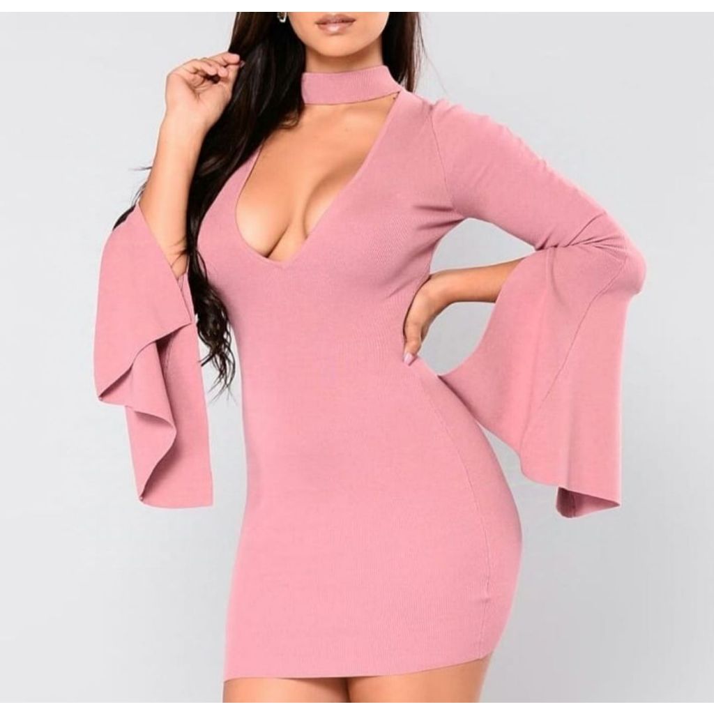 vestido festa colado decote v gola choker estilo bandagem manga flare rose nude importado usa Tam M