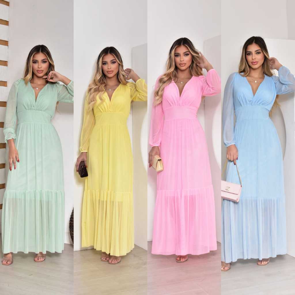 Vestido Manga Longa em Tule Liso com Bojo ideal para festas madrinha NOVIDADE