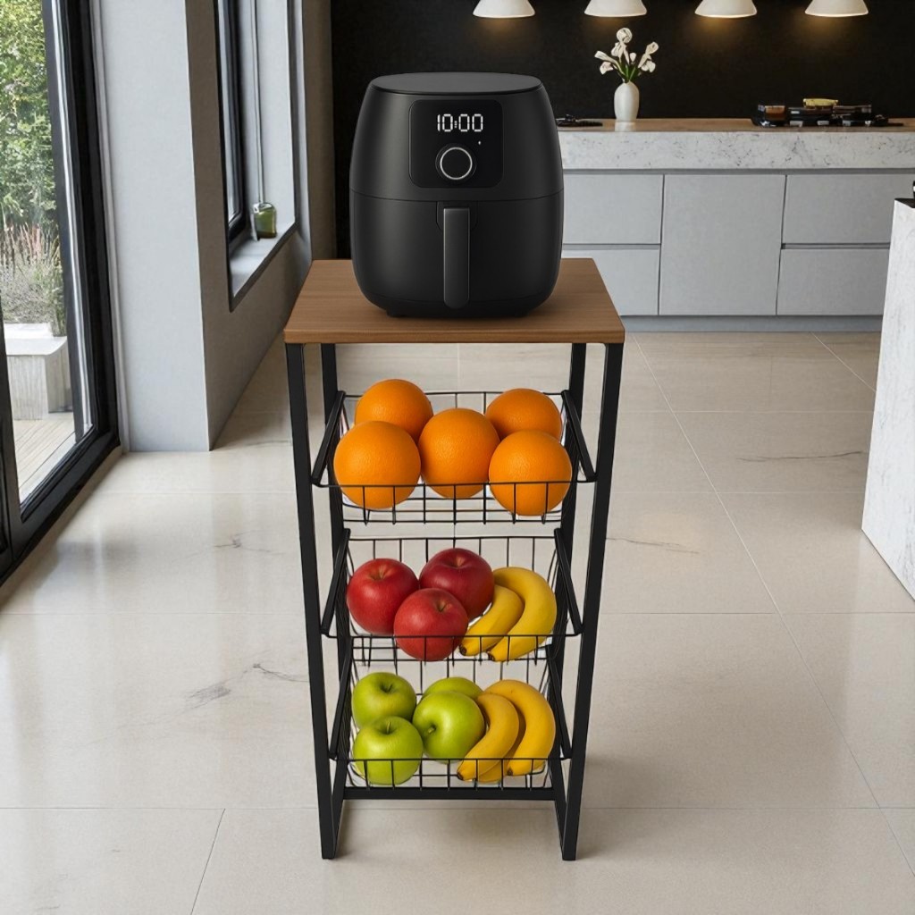 Fruteira de chão 3 cestos deslizante preto amadeirado resistente