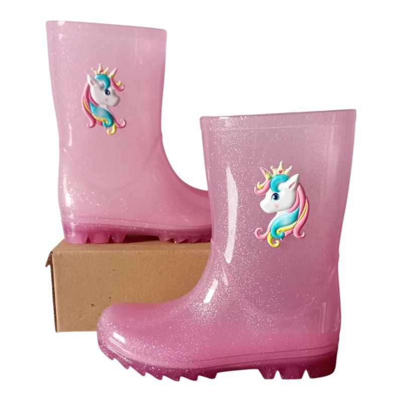 Galocha Unicórnio Bota de Chuva Menina Leve Confortável Cano Alto Infantil Antiderrapante Impermeável