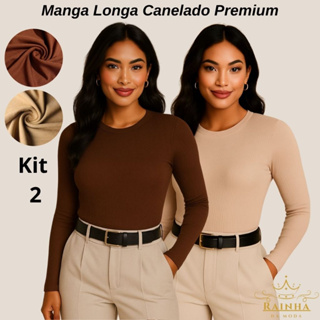 Kit com 2 Blusa Feminina Manga Longa Segunda Pele LISA - Canelada Premium Elastano em Oferta na Shopee