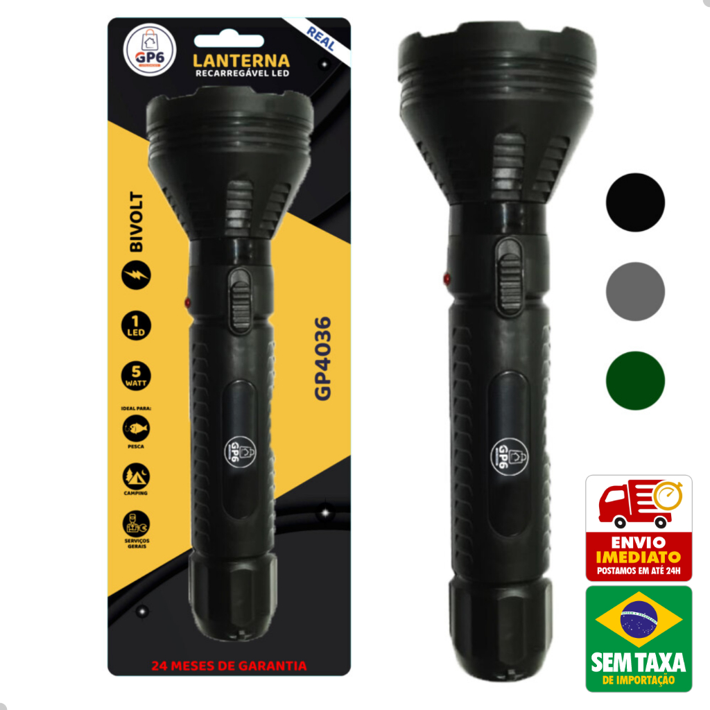 Lanterna LED Bivolt GP6 5W ou 1W Recarregável Super Potente 11 Horas GP4036 GP4008
