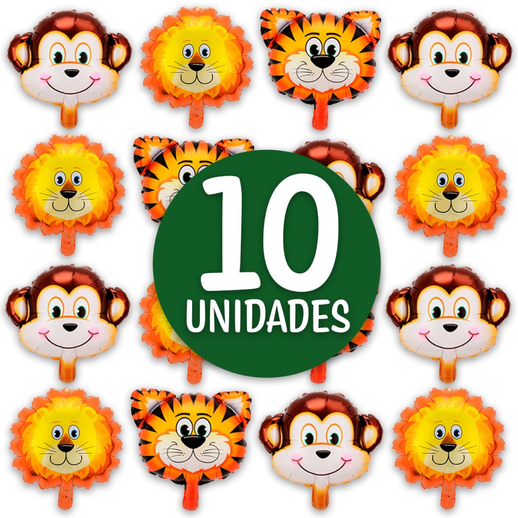 Kit 10 Balão Safari Animais Metalizado 40cm Decoração Festa Aniversário Bichinhos Leão Tigre