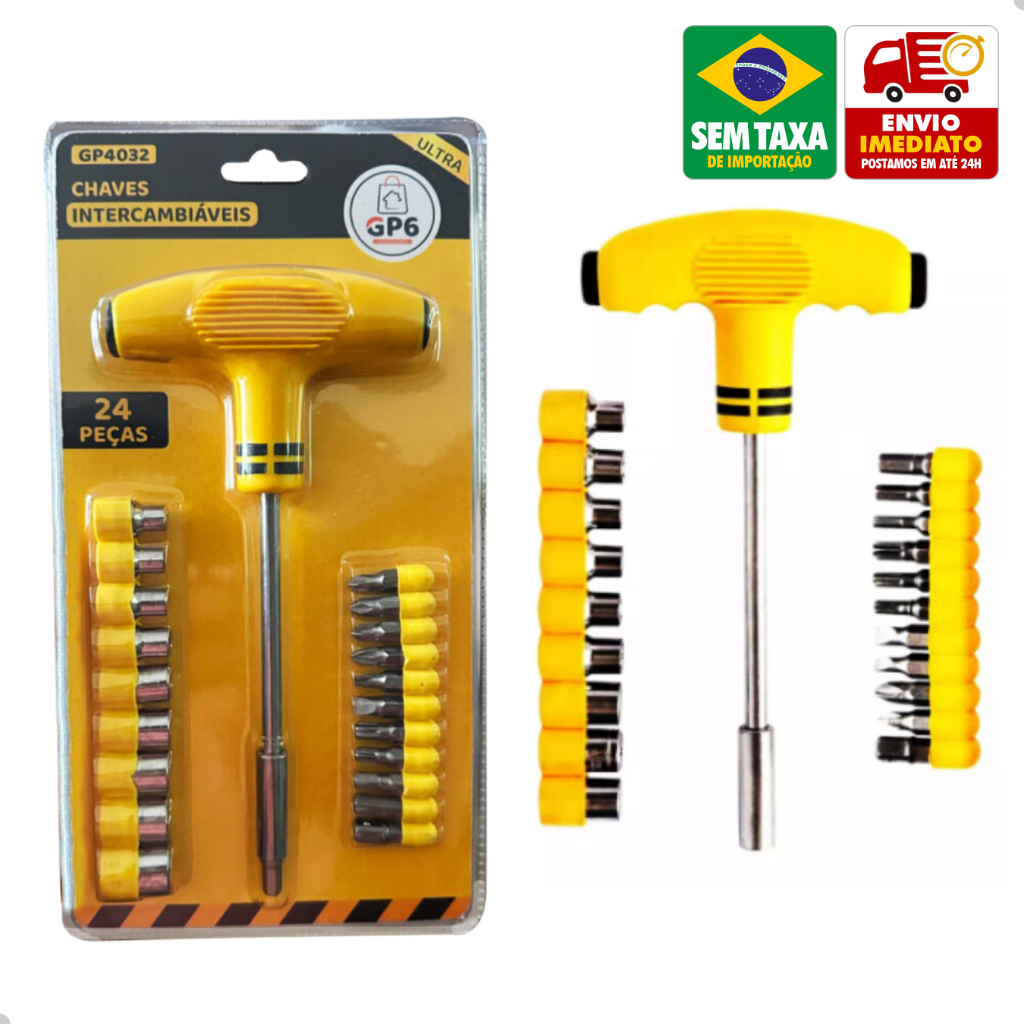 Kit Chave T Intercambiável 24 Peças Soquete Bits Allen Fenda Torx Philips GP6