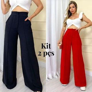 Kit 2 Calças Pantalona Feminina Wide Leg Cintura Alta
