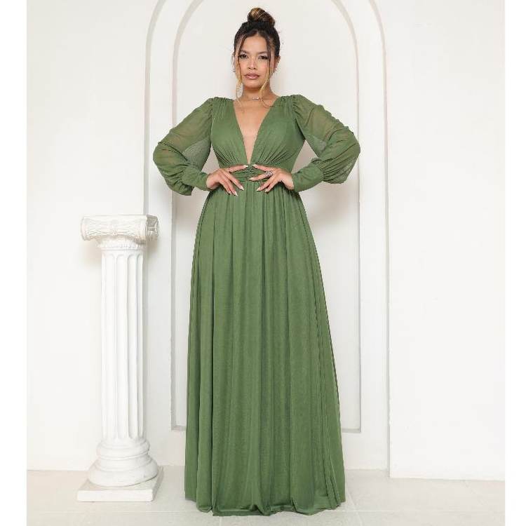 Vestido Longo Feminino com Manga Bufante em Tule  Ideal para Casamento, Festa, Madrinha ou Formatura em Oferta na Shopee