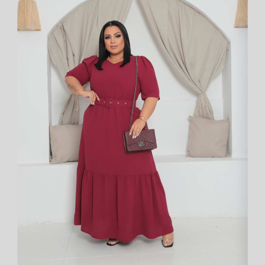 Vestido Evangélica Longo Plus Size Com Cinto e Manga Princesa Elegante em Oferta na Shopee