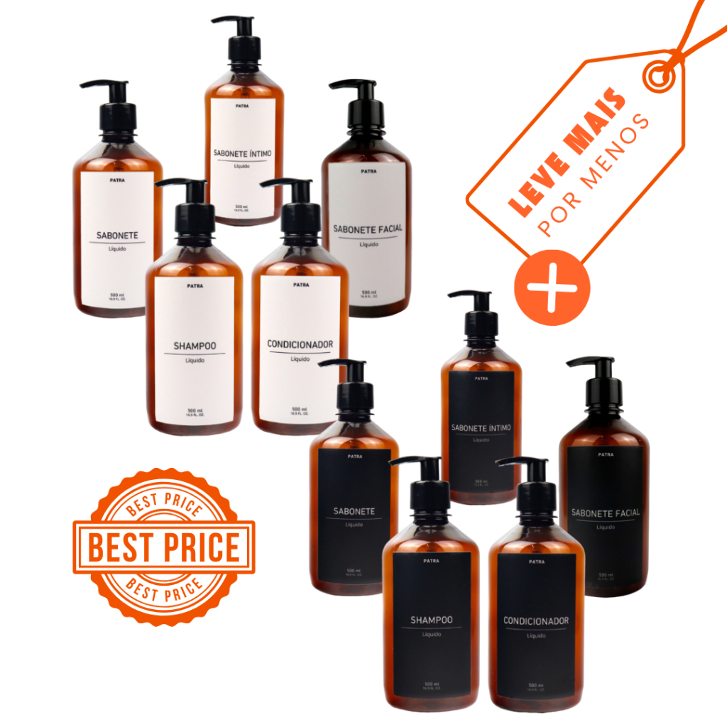 2 kits Banho Frasco Âmbar 5pçs Shampoo Condicionador Sabonete líquido, íntimo e facial 500ml Pharma