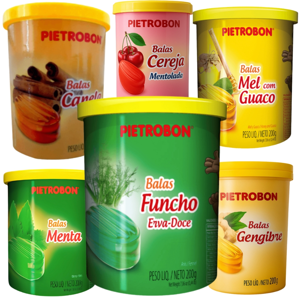 Bala de pote 200g Pietrobon dura - Funcho Gengibre Cidreira Menta Mel Cereja canela garganta hálito