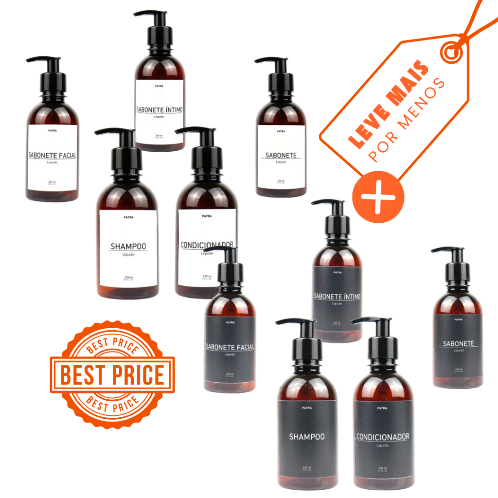 2 kits Banho Frasco Âmbar 5pçs Shampoo Condicionador Sabonete líquido, íntimo e facial 250ml Caçulinha