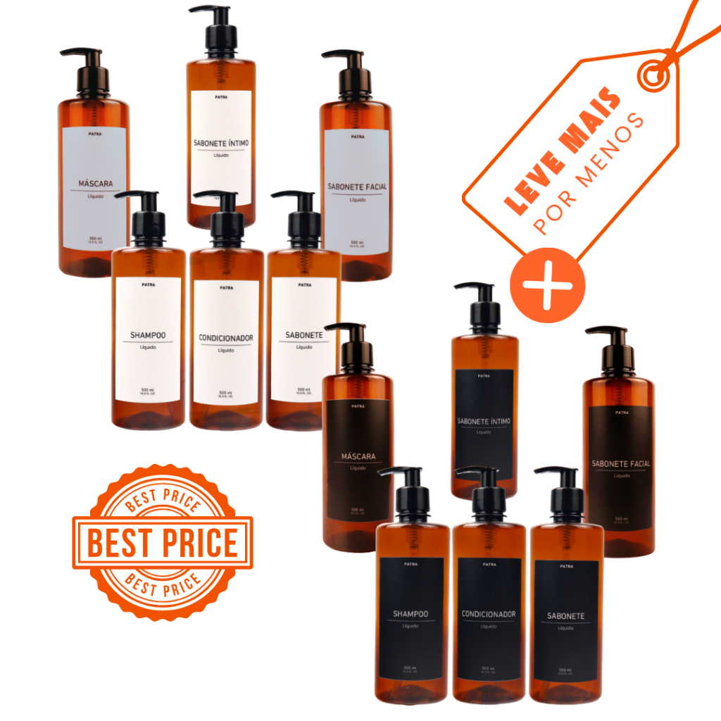 2 Kits Banho Frasco Âmbar 6pçs Shampoo Condicionador Sabonete líquido, íntimo, facial e máscara Dispenser 500ml Cil.