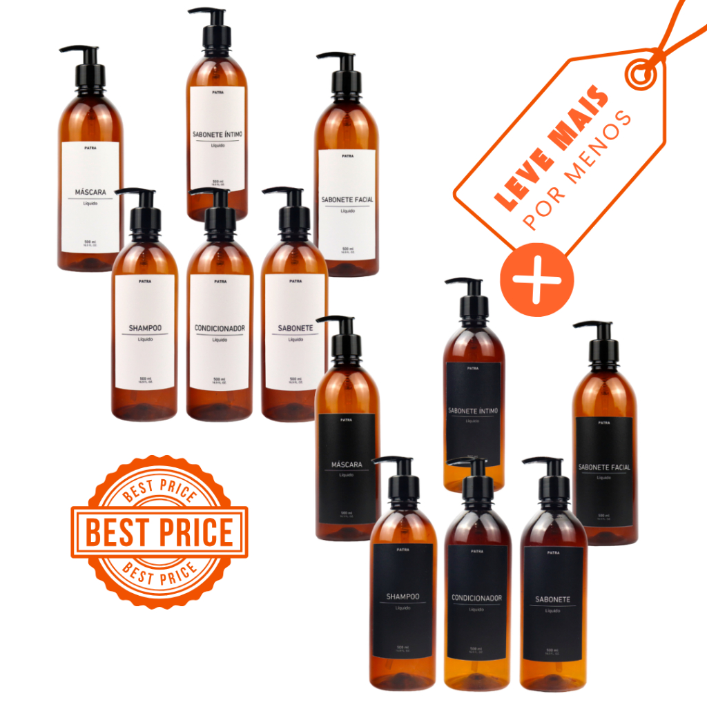 2 Kits Banho Frasco Âmbar 6pçs Shampoo Condicionador Sabonete líquido, íntimo, facial e máscara Dispenser 500ml Caçula