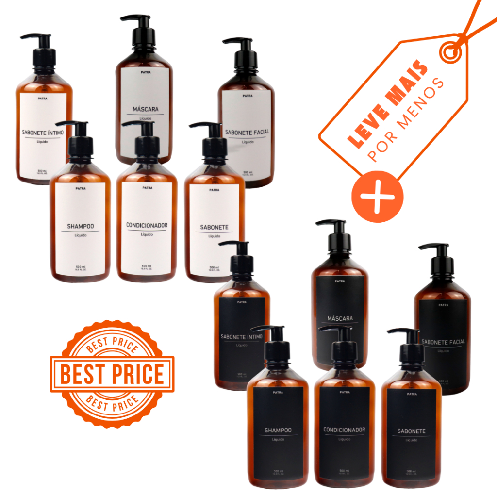2 Kits Banho Frasco Âmbar 6pçs Shampoo Condicionador Sabonete líquido, íntimo, facial e máscara Dispenser 500ml Pharma