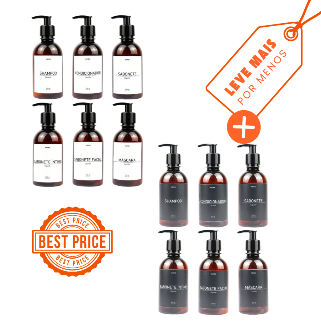2 Kits Banho Frasco Âmbar 6pçs Shampoo Condicionador Sabonete líquido, íntimo, facial e máscara Dispenser 500ml Caçulinh