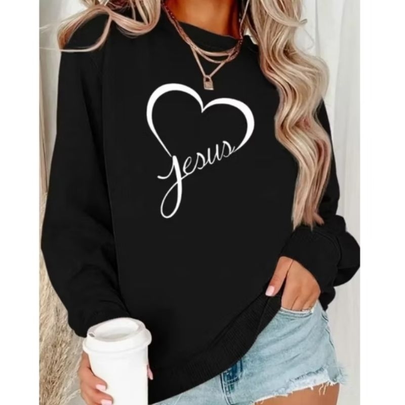 Moletom Gola Redonda Inverno Estampa Moda Cristã Feminino Masculino Blusa de Frio  P/M/G/GG Jesus
