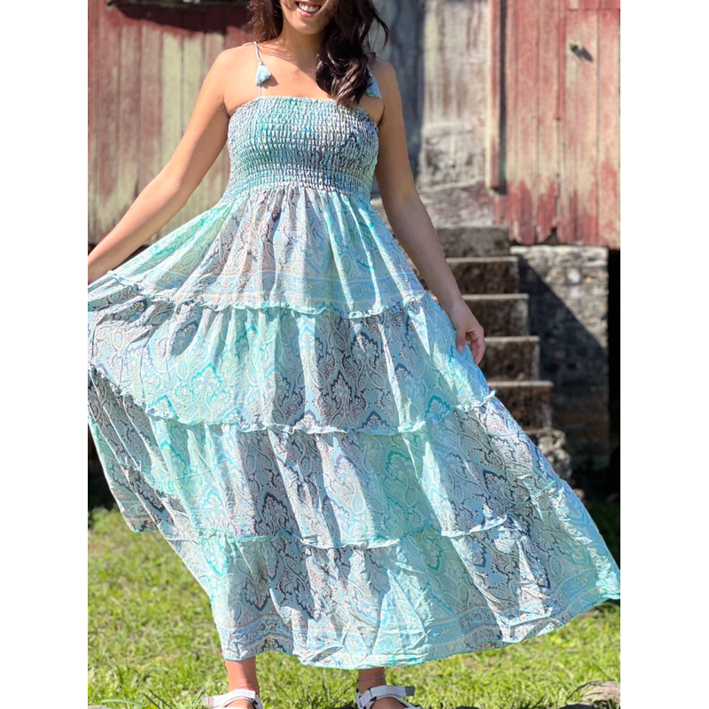 Vestido Longo Seda Indiano Boho Feminino Alça Tomara que Caia