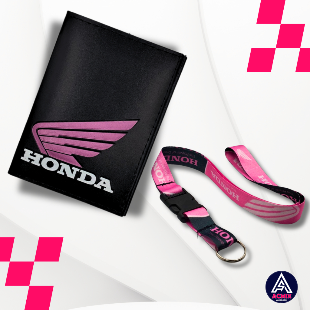 Kit Carteira Porta Documentos Moto Honda Logo Rosa + Cordão Pescoço Engate Rápido Honda Rosa em Oferta na Shopee