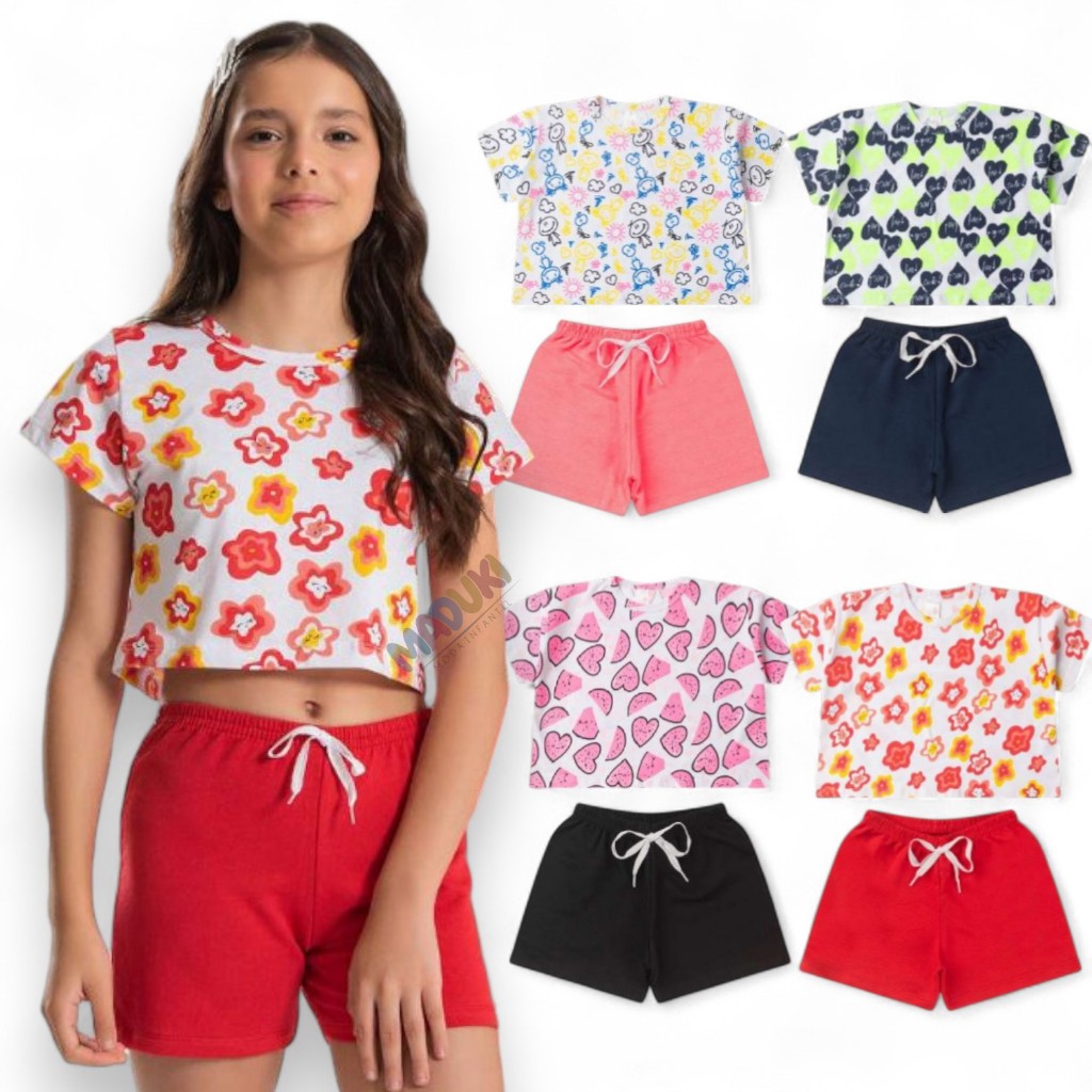 Kit Conjunto Verão Infantil Juvenil Menina Cropped + Bermuda - Perfeito para o Verão! Alta Qualidade
