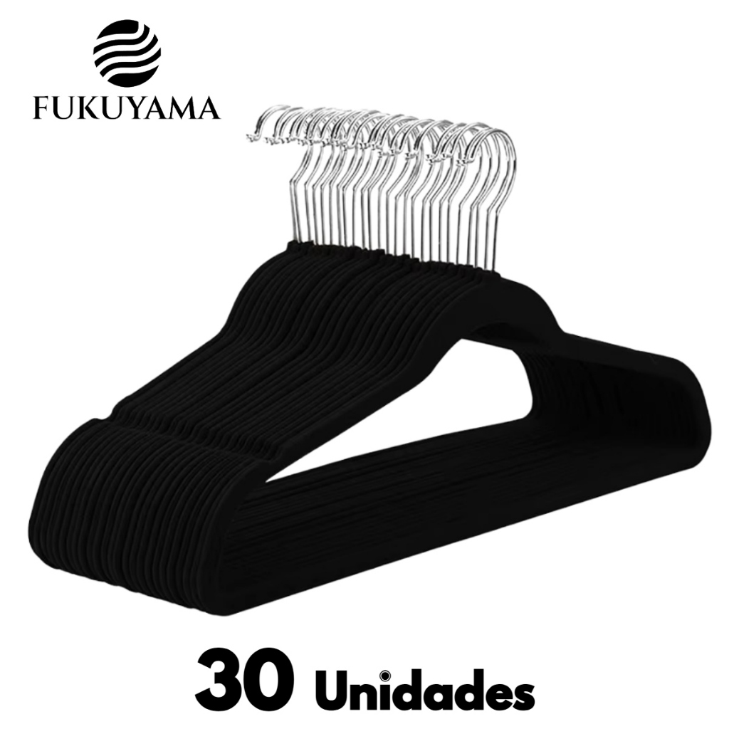 KIT 30 CABIDES AVELUDADO PRETO ADULTO FUKUYAMA ULTRA FINO Com Gancho Giratório 360° Antideslizante