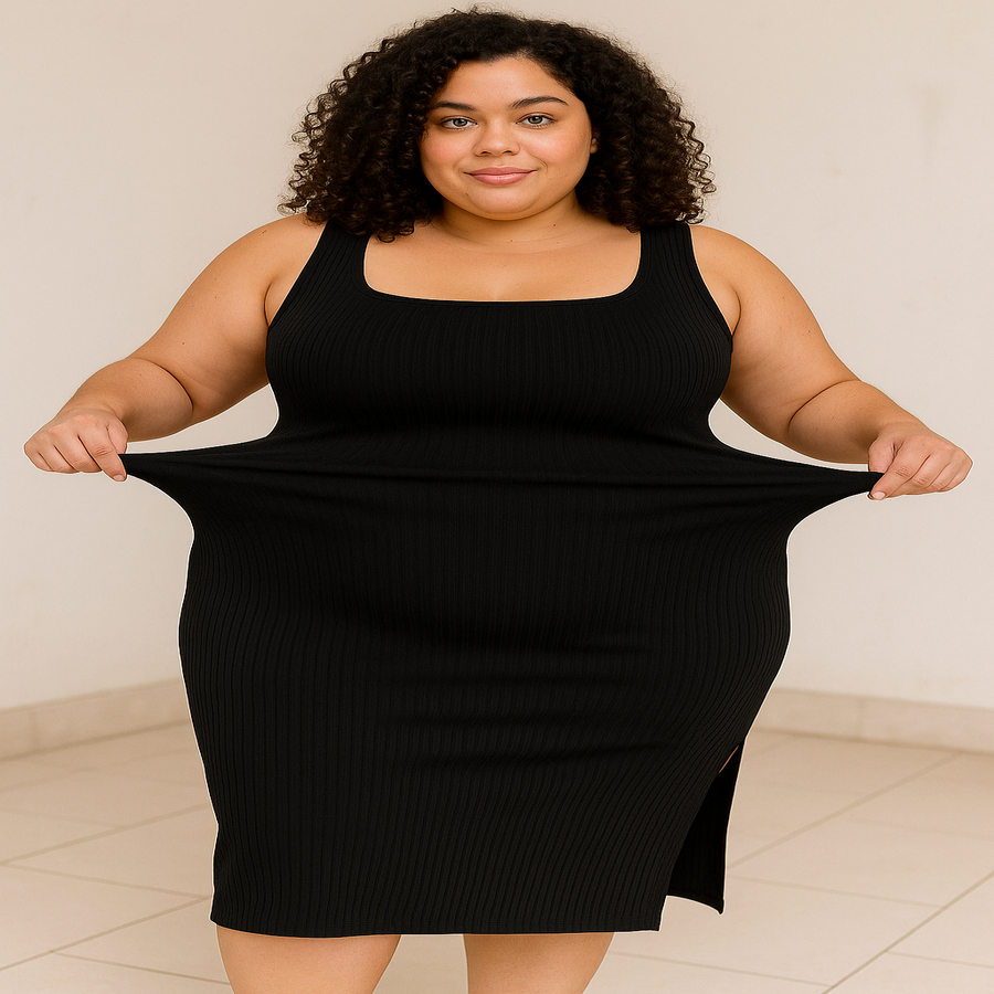 Vestido Flórida Canelado Decote Quadrado Feminino Ajustado Moda Blogueira Tendência