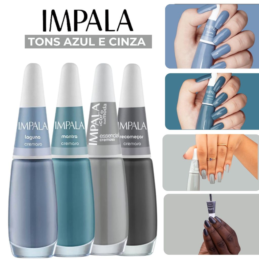 Kit Esmalte Impala Manicure 4 Tons Azul Cinza Esmalte Promoção Atacado