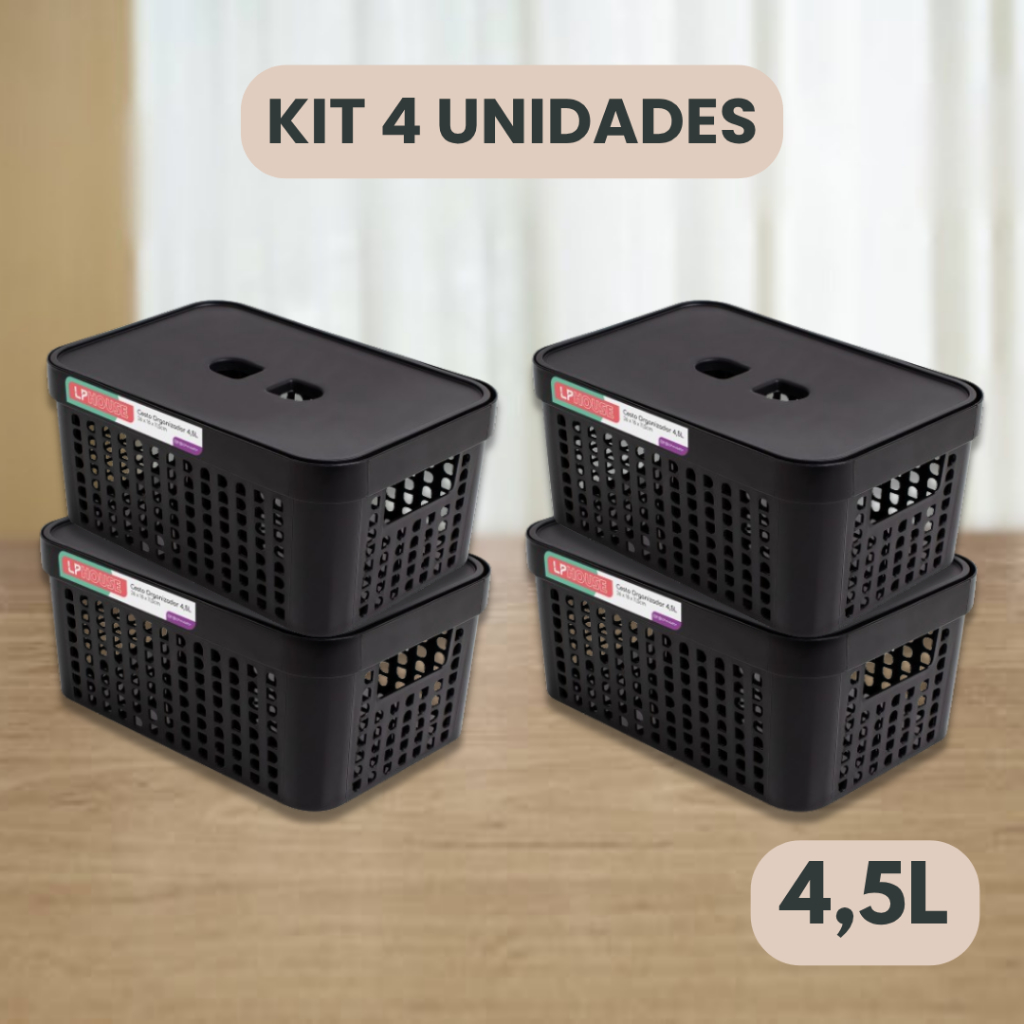 Kit 4 Cestos Organizadores c/Tampa Rattan 4,5 litros Multiuso Ideal para armário e gavetas LP HOUSE em Oferta na Shopee