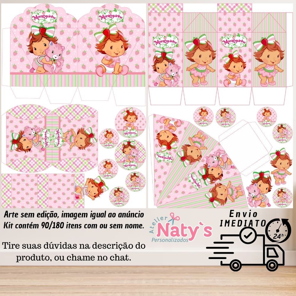 KIT COM 90/180 ITENS TEMA: MORANGUINHO BABY ROSA LEMBRANCINHAS COM/SEM NOME - Envio 24H em Oferta na Shopee