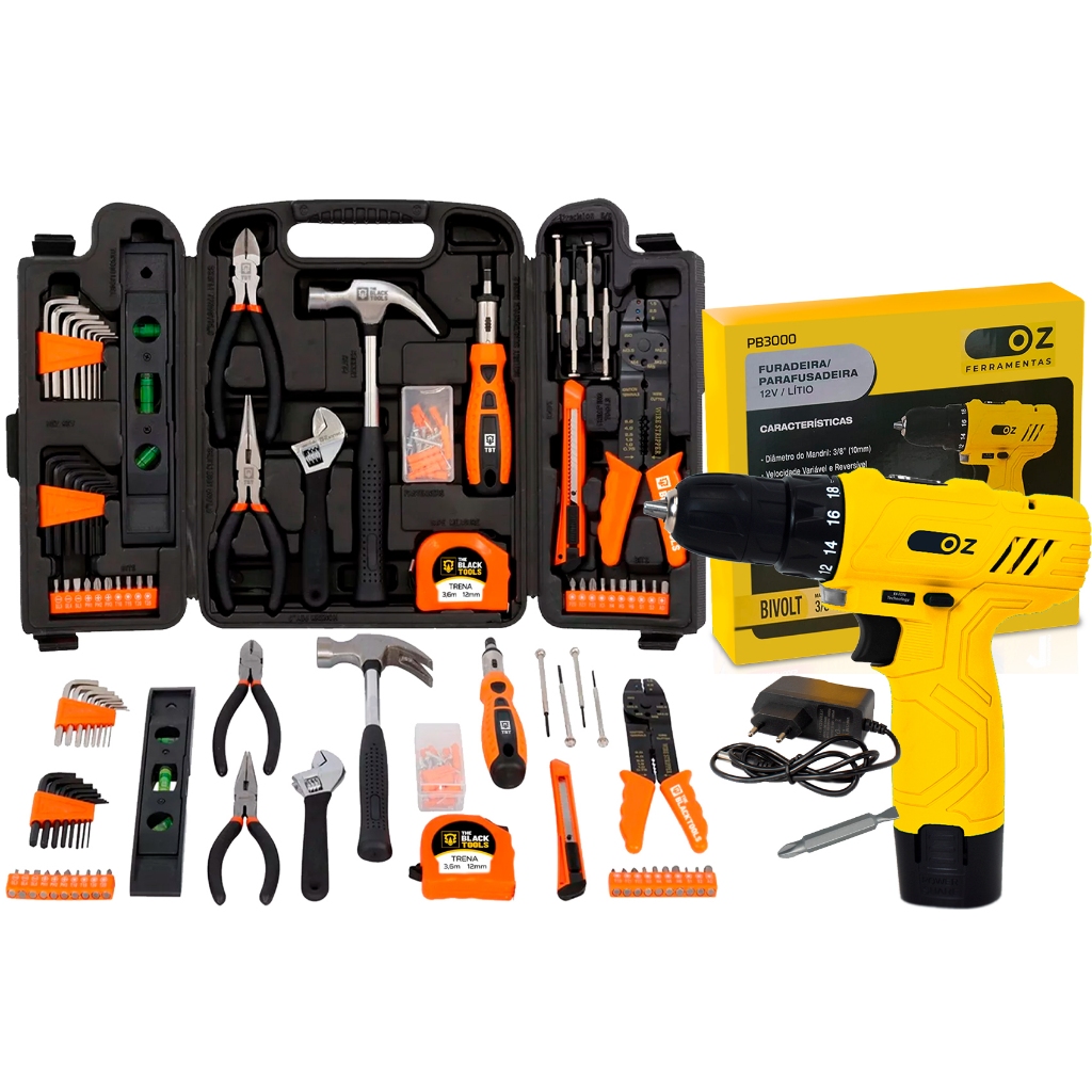 Kit Jogo De Ferramentas 129 Pçs e Maleta The Black Tools + Parafusadeira Furadeira 12v 3/8 Pb3000 Oz em Oferta na Shopee