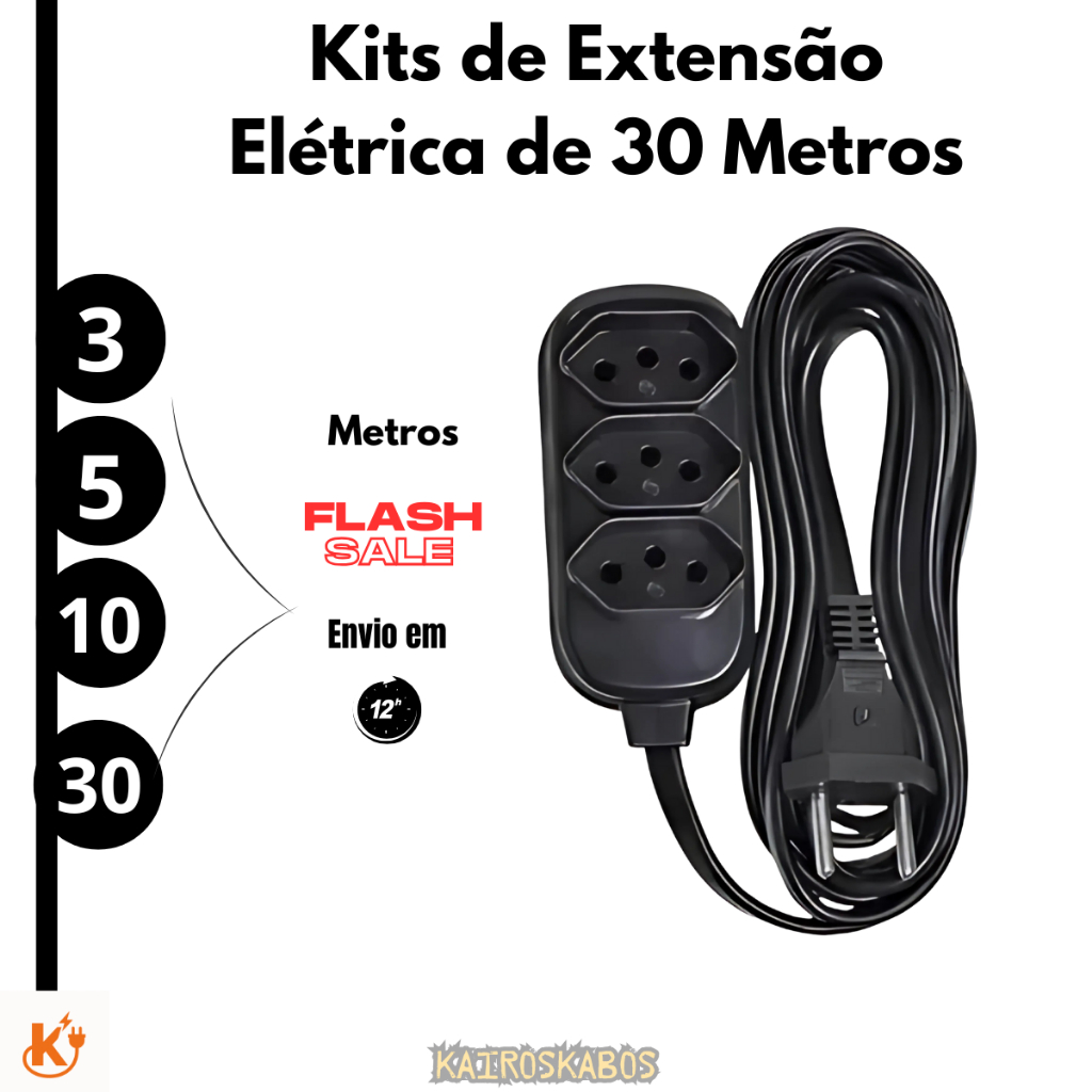 Extensão Eletrica de 30 Metros com 3 Tomada Bivolt - 10 Amperes - Resistente