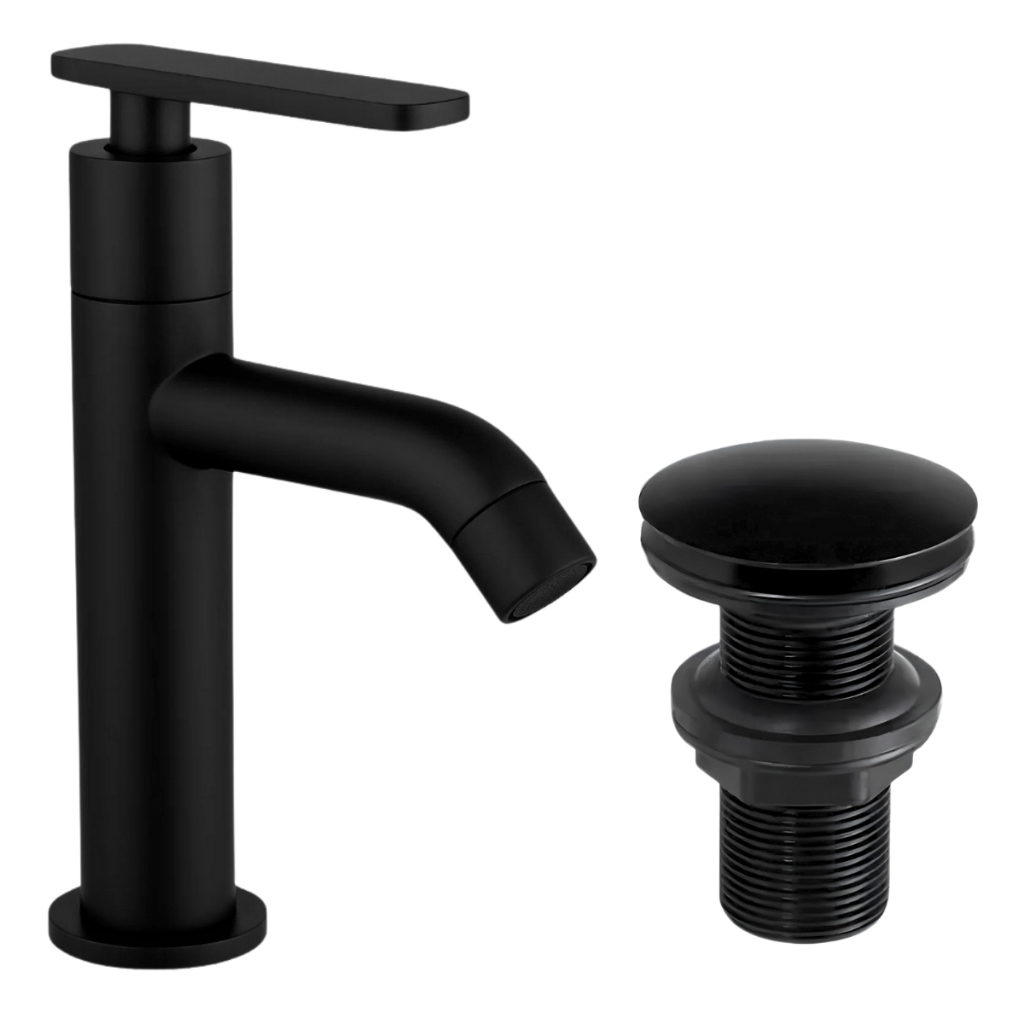 KIT Torneira Pia de Banheiro Lavabo Alavanca Moderna Preta ABS + Válvula Click A