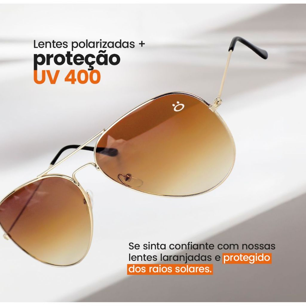 oculos sol feminino aço inox banhado ouro aviador + case presente social lente marrom casual