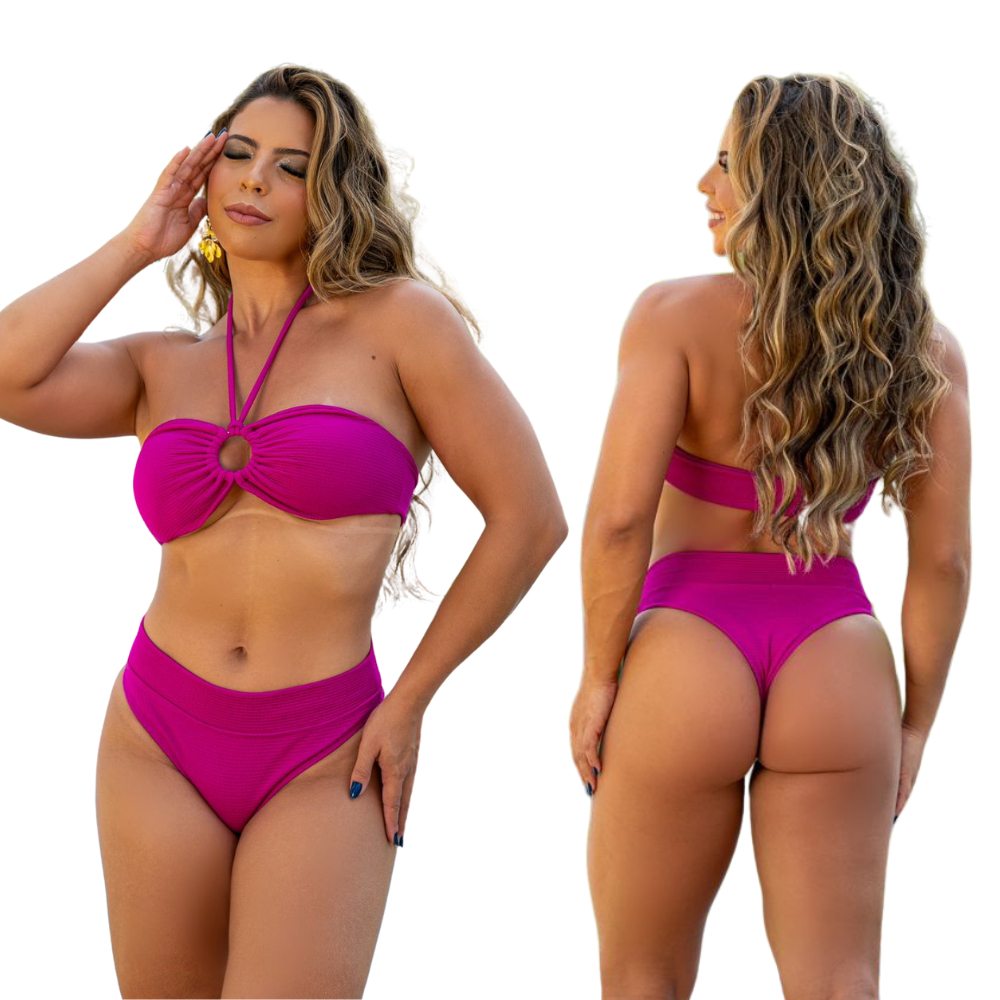 Biquíni Meia Taça Texturizado Cós Alto Tomara Que Caia Cintura Alta Praia