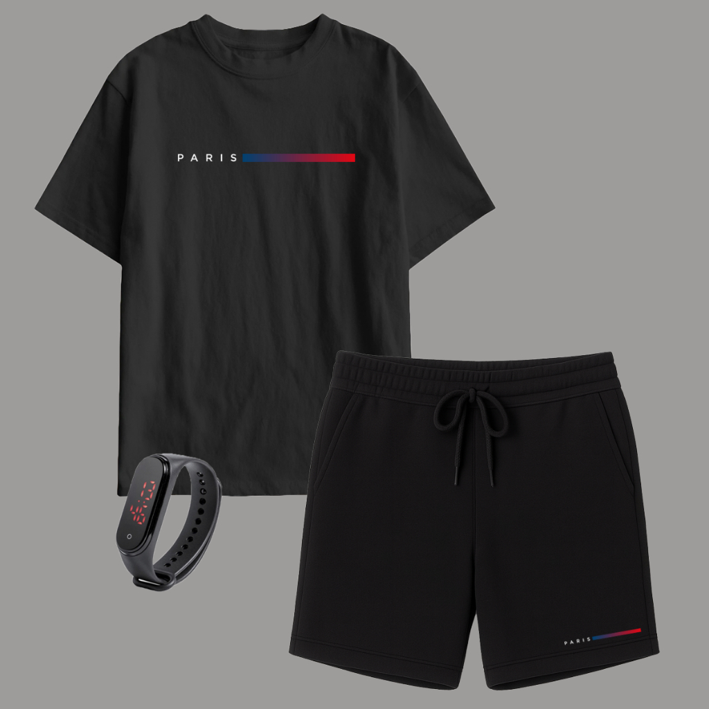 Kit Camiseta Paris Infantil e Short Moletinho Infantil + Relógio Brinde