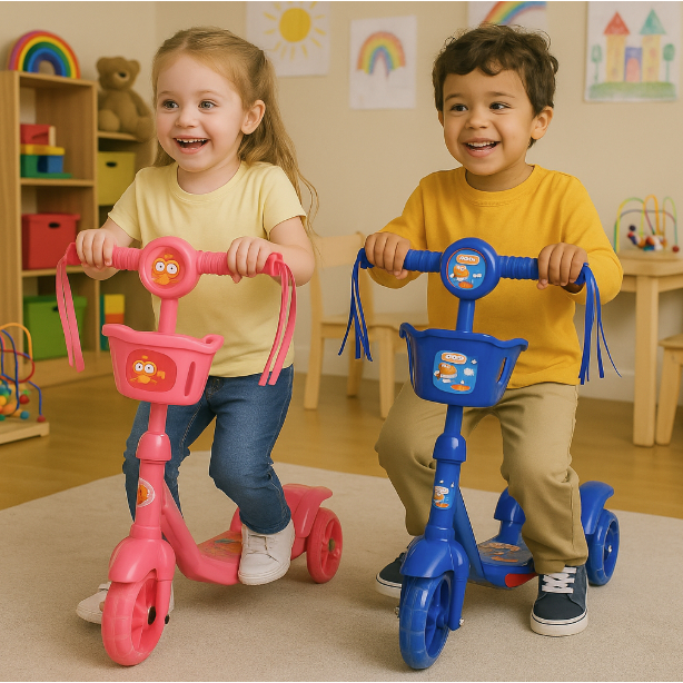 Patinete Infantil 3 Rodas com LED, Música, Cestinha – Regulável | Brinquedo Criança