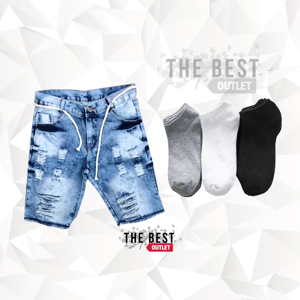 Bermuda Jeans Para Homem Rasgada Shorts Estiloso Desfiado Moda Masculina + Meia