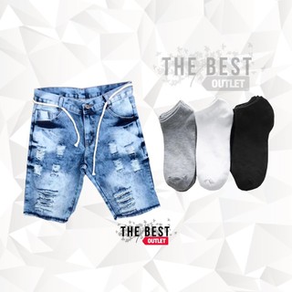 Bermuda Jeans Para Homem Rasgada Shorts Estiloso Desfiado Moda Masculina + Meia