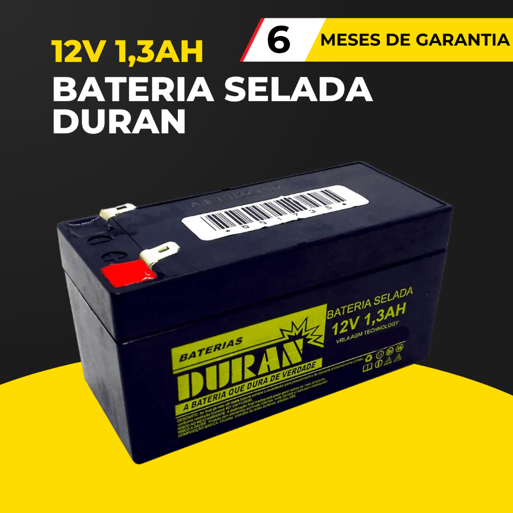 Bateria Duran 1,3AH 12V Recarregável para Relógio de Ponto, Alarmes, Nobreak