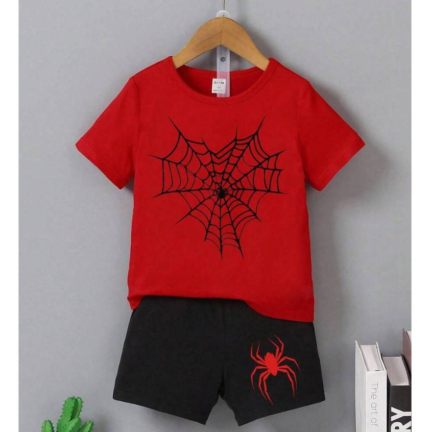 Conjunto Infantil Masculino Aranha Camiseta e Short Estampado Super-Herói Roupa Verão Menino