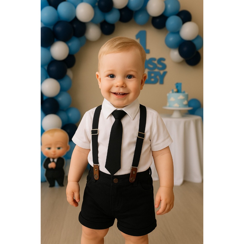 Conjunto Temático Poderoso Chefinho com Suspensório – Roupa Infantil para Aniversário e Smash the Cake