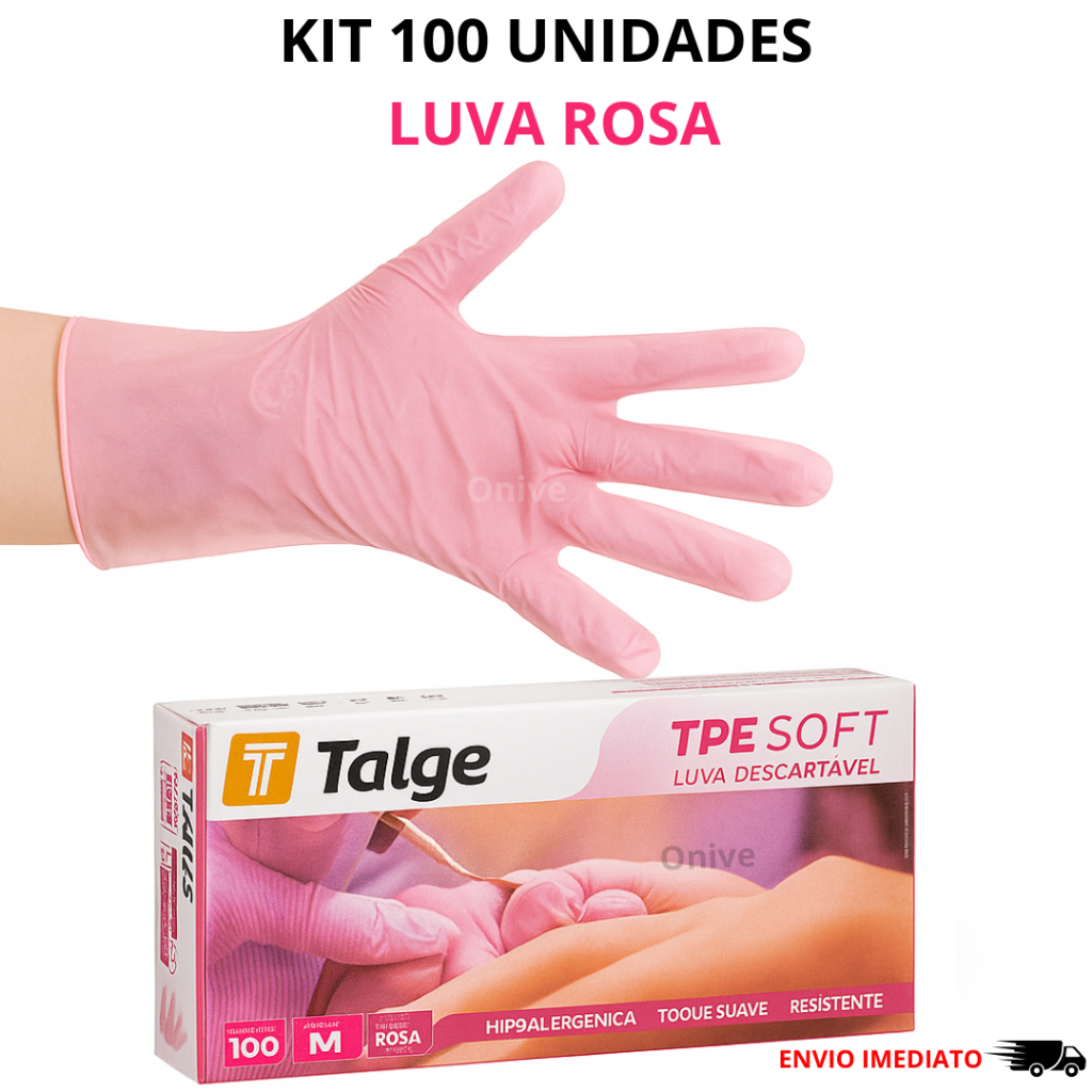 Kit 100 Luvas Rosa Descartavel Viniflex Sem Pó Uso Diario e Profissional
