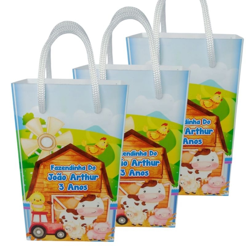 Sacolinha Personalizada Fazendinha Menino para lembrancinha festa de aniversário/ Papel Fotográfico